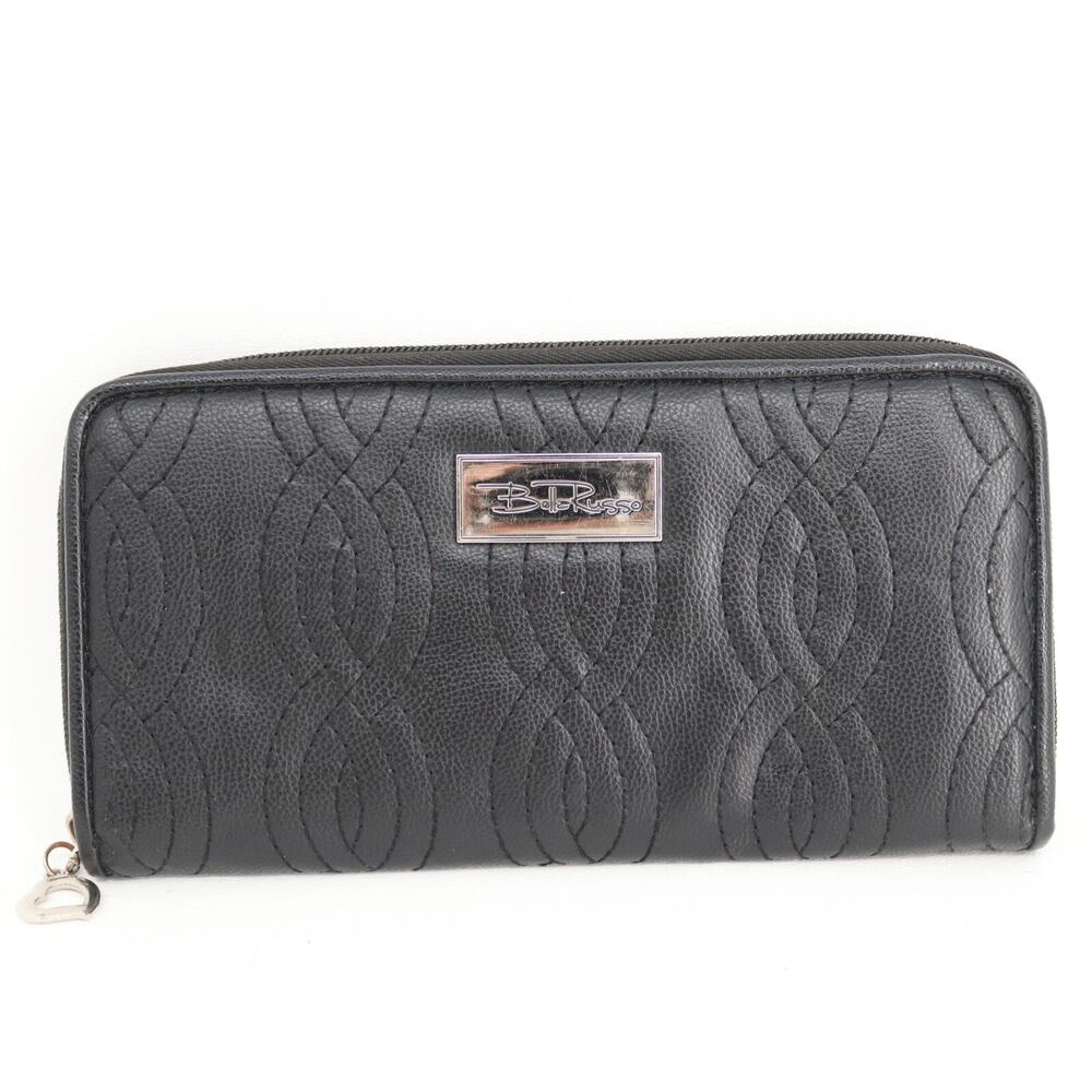 Bella Russo Wallet Black Faux Leather Quilted Clutch ID Card Cash Coin Accordion